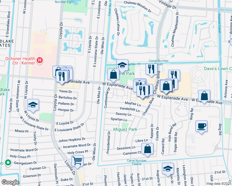 map of restaurants, bars, coffee shops, grocery stores, and more near 165 Avant Garde Circle in Kenner