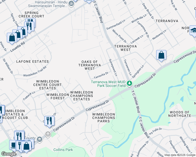 map of restaurants, bars, coffee shops, grocery stores, and more near 6115 Terravita Drive in Spring