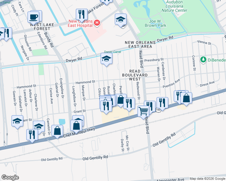 map of restaurants, bars, coffee shops, grocery stores, and more near 4719 Rosalia Drive in New Orleans