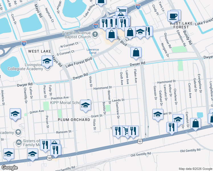 map of restaurants, bars, coffee shops, grocery stores, and more near 4774 Werner Drive in New Orleans