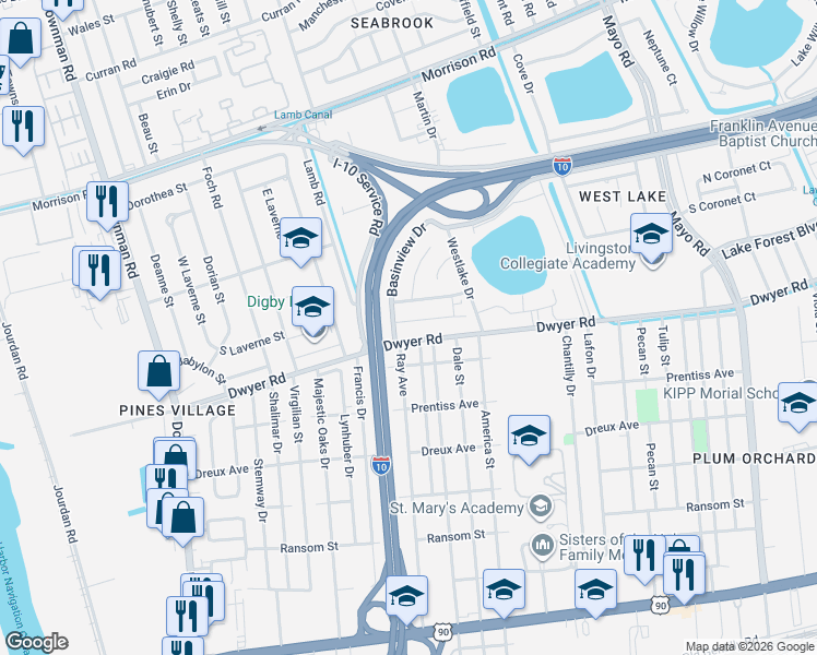 map of restaurants, bars, coffee shops, grocery stores, and more near 6573 Dwyer Road in New Orleans