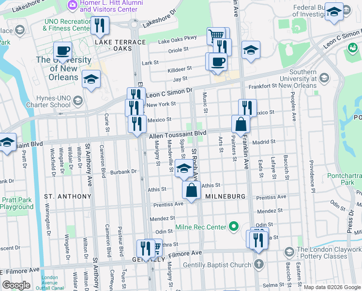 map of restaurants, bars, coffee shops, grocery stores, and more near 2352 Madrid Street in New Orleans