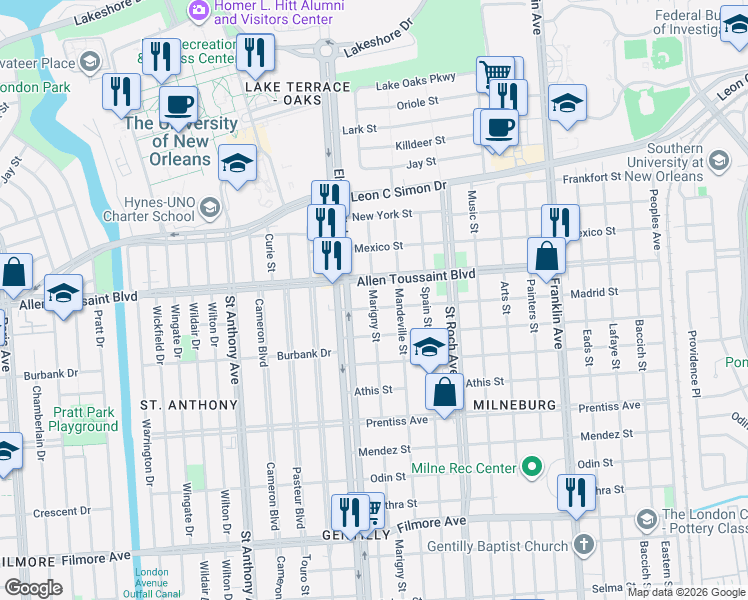 map of restaurants, bars, coffee shops, grocery stores, and more near 6100 Marigny Street in New Orleans