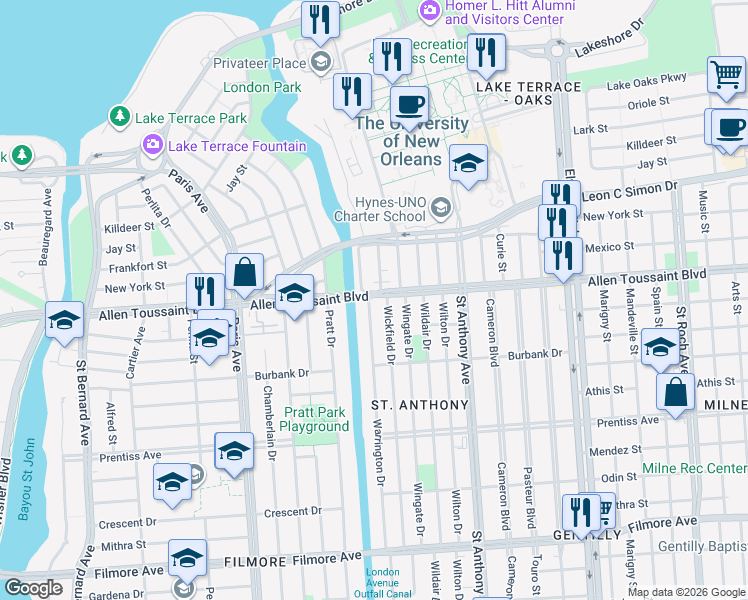 map of restaurants, bars, coffee shops, grocery stores, and more near 6063 Wickfield Drive in New Orleans