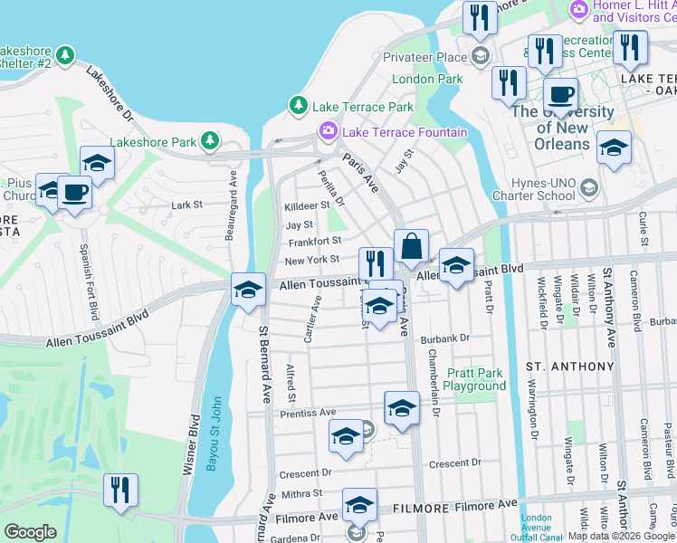 map of restaurants, bars, coffee shops, grocery stores, and more near 1454 Allen Toussaint Boulevard in New Orleans