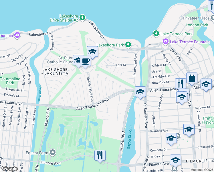 map of restaurants, bars, coffee shops, grocery stores, and more near 31 Gull Street in New Orleans