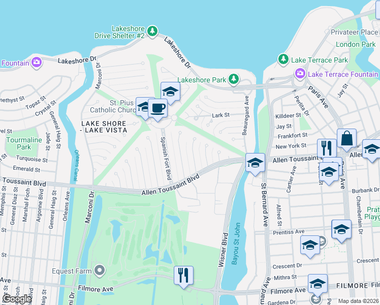 map of restaurants, bars, coffee shops, grocery stores, and more near 31 Gull Street in New Orleans
