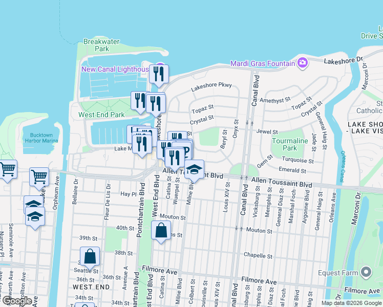 map of restaurants, bars, coffee shops, grocery stores, and more near 141 West Robert E Lee Boulevard in New Orleans