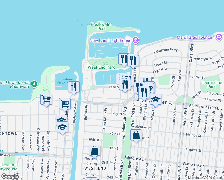 map of restaurants, bars, coffee shops, grocery stores, and more near 251 West Robert E Lee Boulevard in New Orleans