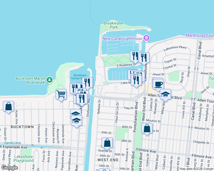 map of restaurants, bars, coffee shops, grocery stores, and more near 318 Lake Marina Drive in New Orleans