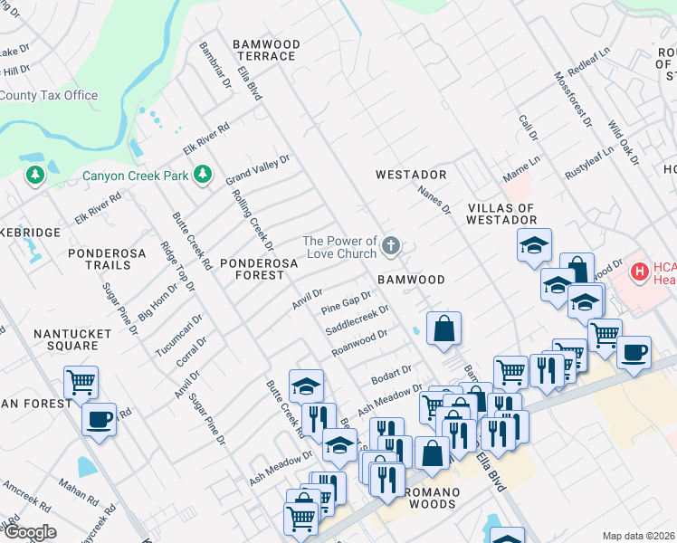 map of restaurants, bars, coffee shops, grocery stores, and more near 1422 Anvil Drive in Houston