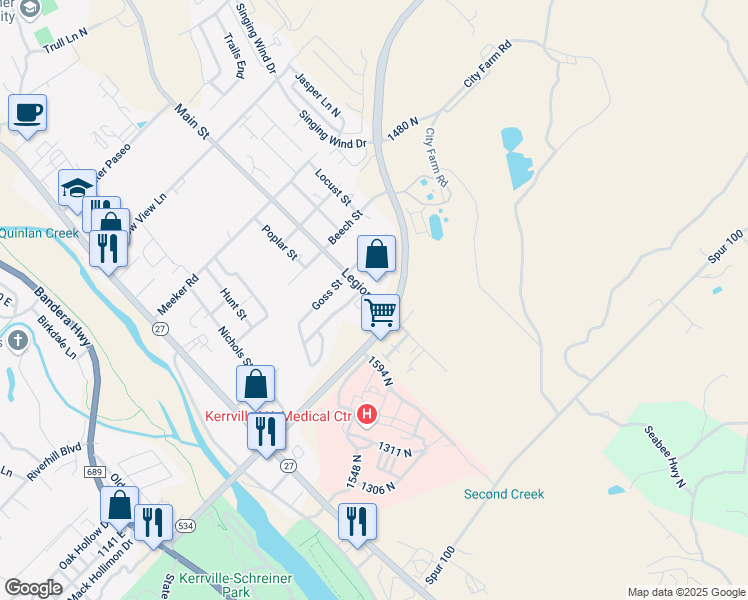 map of restaurants, bars, coffee shops, grocery stores, and more near 3215 Legion Drive in Kerrville