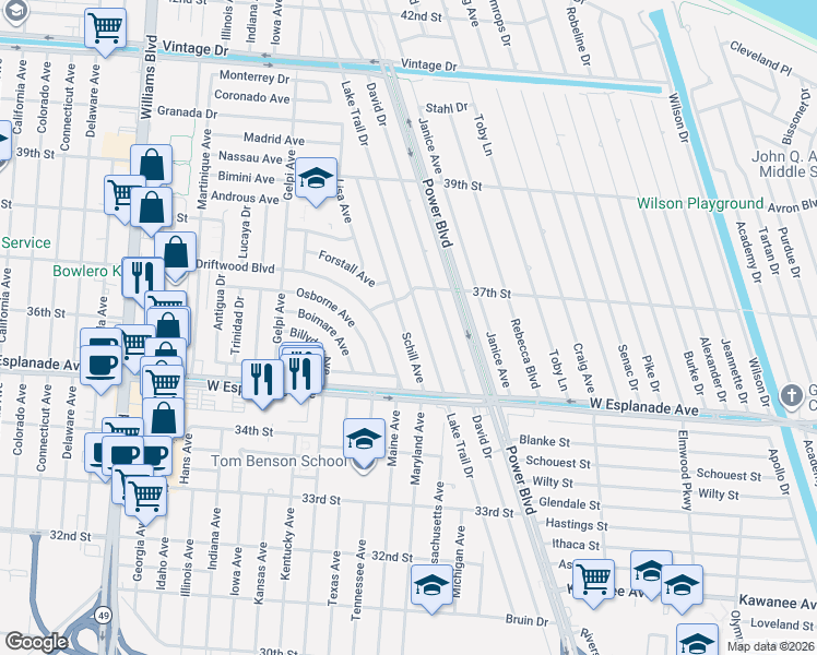 map of restaurants, bars, coffee shops, grocery stores, and more near 22 Schill Avenue in Kenner