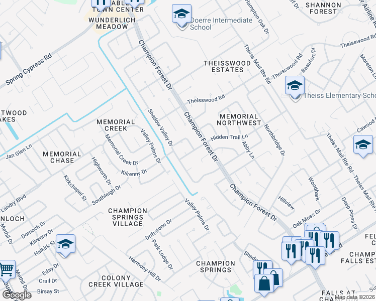 map of restaurants, bars, coffee shops, grocery stores, and more near 8409 Hidden Trail Lane in Spring