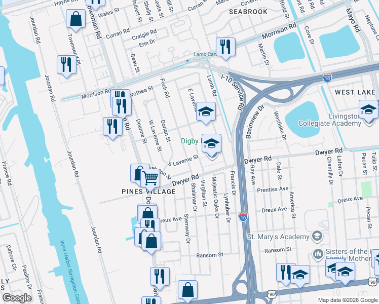 map of restaurants, bars, coffee shops, grocery stores, and more near 6215 South Laverne Street in New Orleans