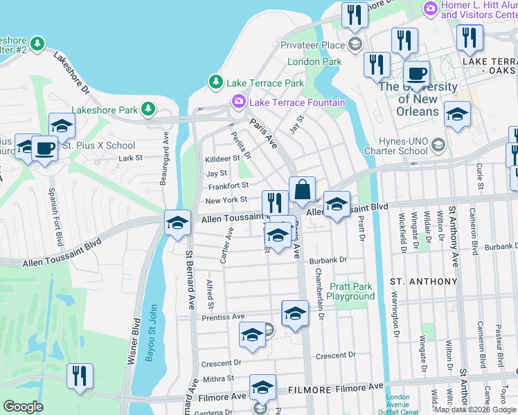map of restaurants, bars, coffee shops, grocery stores, and more near 1454 Allen Toussaint Boulevard in New Orleans