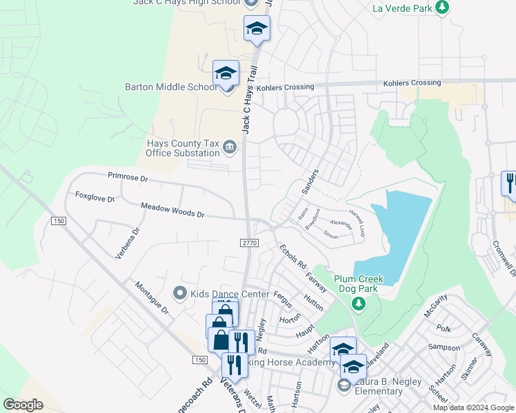 map of restaurants, bars, coffee shops, grocery stores, and more near 1640 Fairway in Kyle