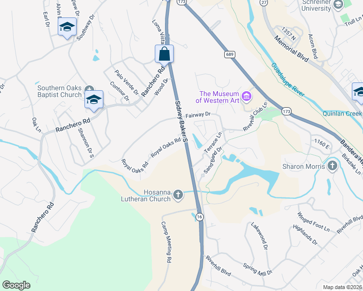 map of restaurants, bars, coffee shops, grocery stores, and more near 215 Canyon Creek Lane in Kerrville