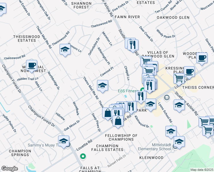 map of restaurants, bars, coffee shops, grocery stores, and more near 7707 Day Hill Drive in Spring