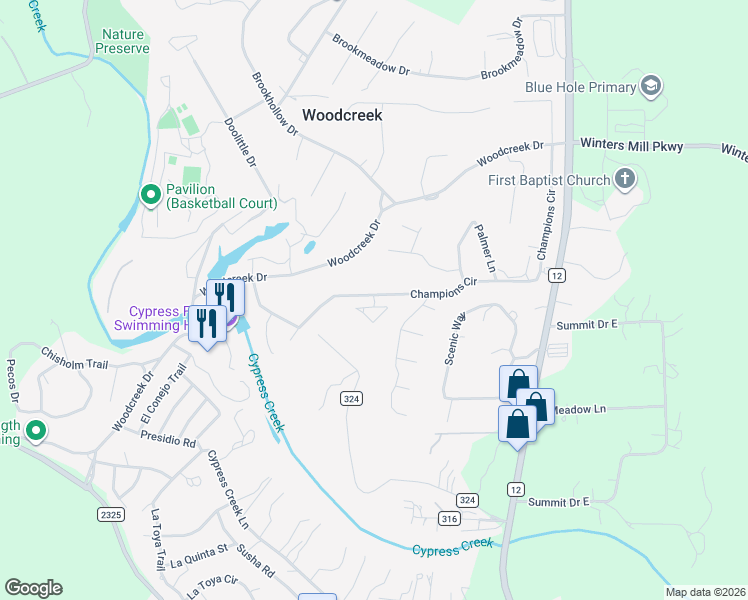 map of restaurants, bars, coffee shops, grocery stores, and more near 10 Fallbrook Cir in Wimberley