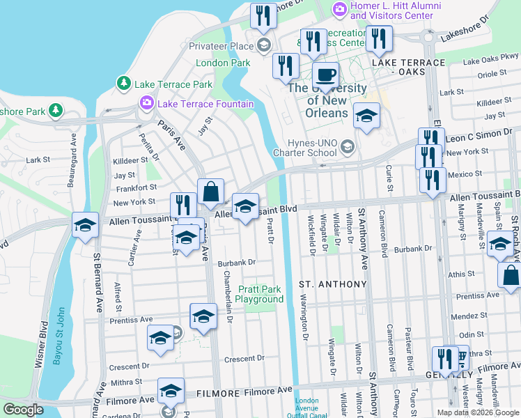 map of restaurants, bars, coffee shops, grocery stores, and more near 1754 Robert E Lee Boulevard in New Orleans