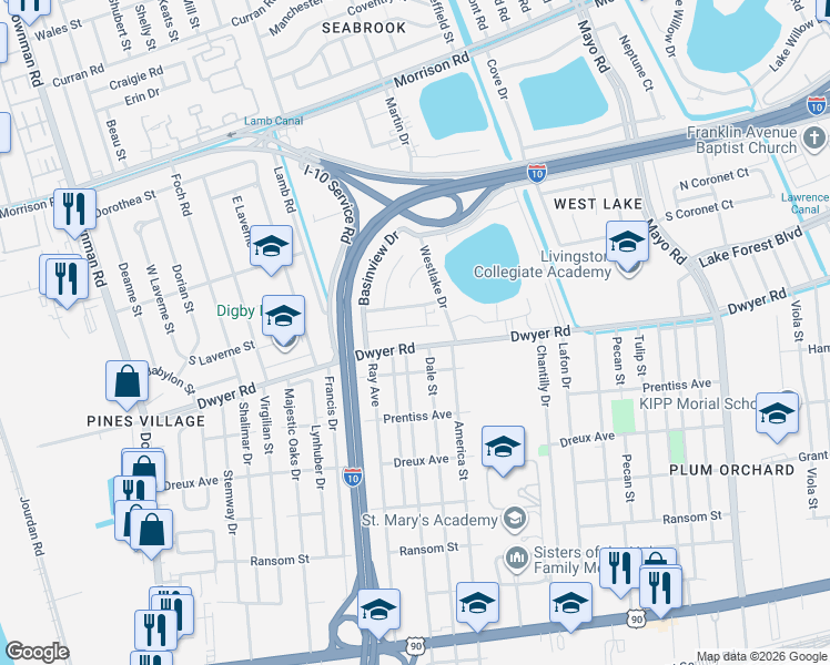 map of restaurants, bars, coffee shops, grocery stores, and more near 6573 Dwyer Road in New Orleans