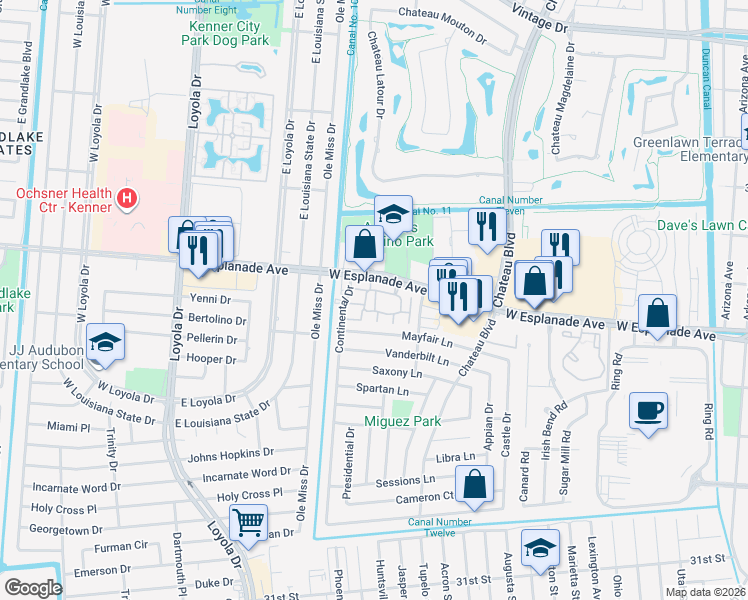 map of restaurants, bars, coffee shops, grocery stores, and more near 242 Avant Garde Circle in Kenner