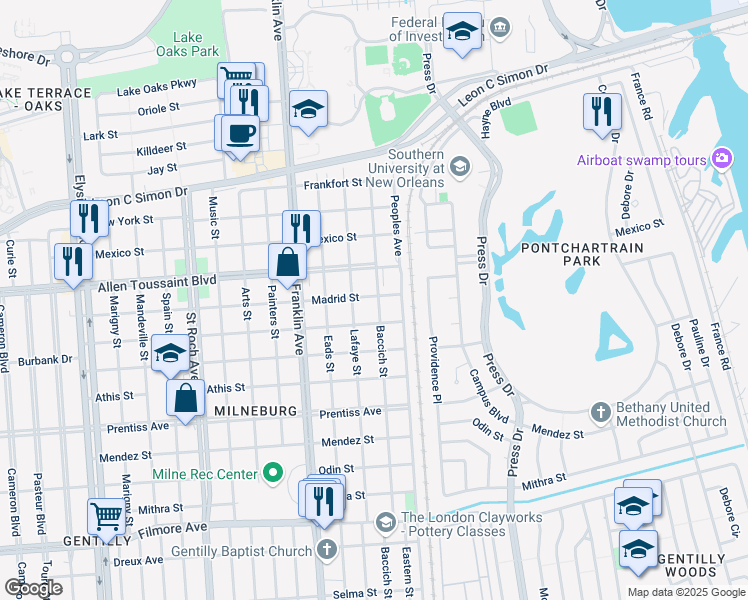 map of restaurants, bars, coffee shops, grocery stores, and more near 6013 Baccich Street in New Orleans