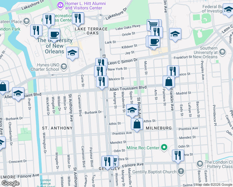 map of restaurants, bars, coffee shops, grocery stores, and more near 6100 Marigny Street in New Orleans