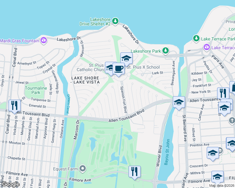 map of restaurants, bars, coffee shops, grocery stores, and more near 56 Egret Street in New Orleans