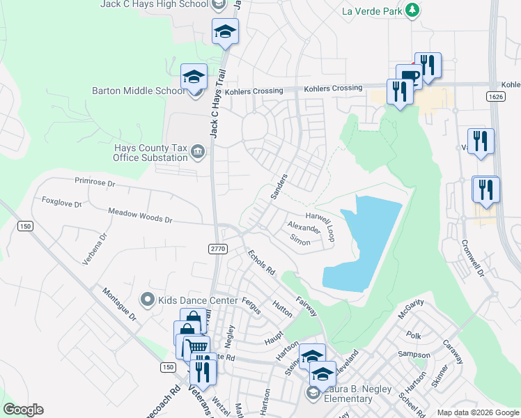 map of restaurants, bars, coffee shops, grocery stores, and more near 1524 Sanders in Kyle