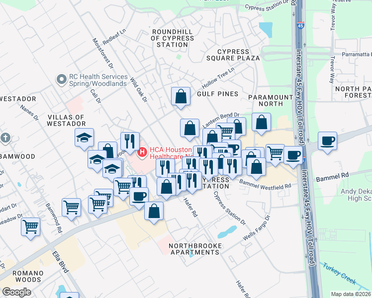 map of restaurants, bars, coffee shops, grocery stores, and more near 17402 Wild Oak Drive in Houston