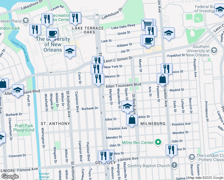 map of restaurants, bars, coffee shops, grocery stores, and more near 6100 Marigny Street in New Orleans