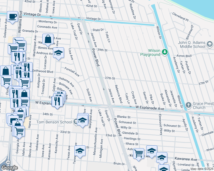 map of restaurants, bars, coffee shops, grocery stores, and more near 4520 Janice Avenue in Kenner
