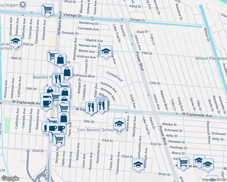 map of restaurants, bars, coffee shops, grocery stores, and more near 40 Boimare Avenue in Kenner