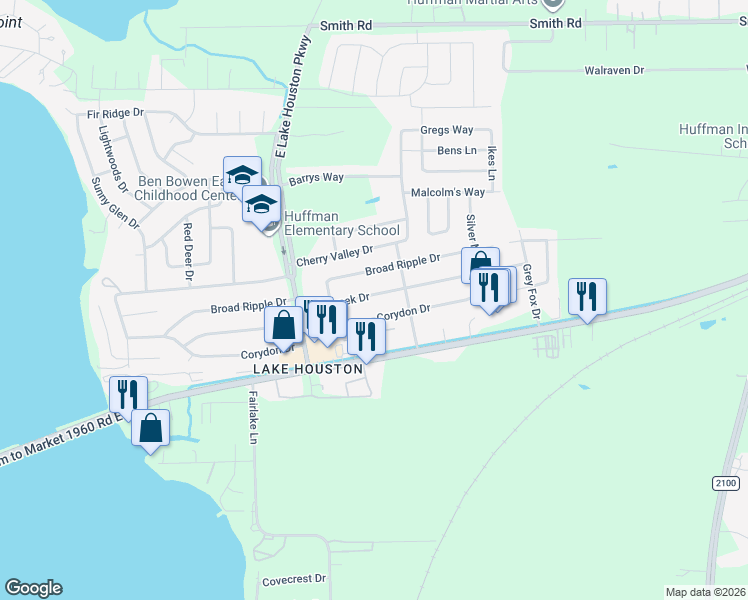 map of restaurants, bars, coffee shops, grocery stores, and more near 727 Corydon Drive in Huffman