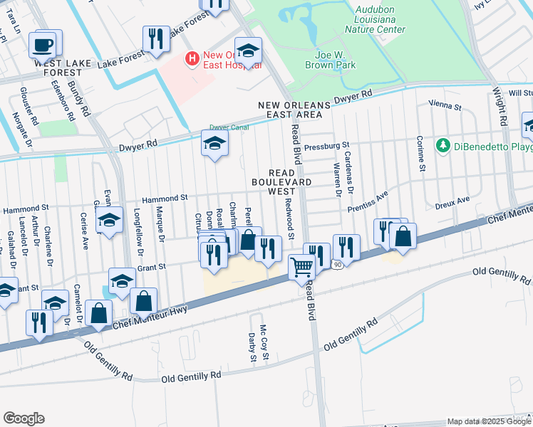 map of restaurants, bars, coffee shops, grocery stores, and more near 4658 Sandalwood Street in New Orleans