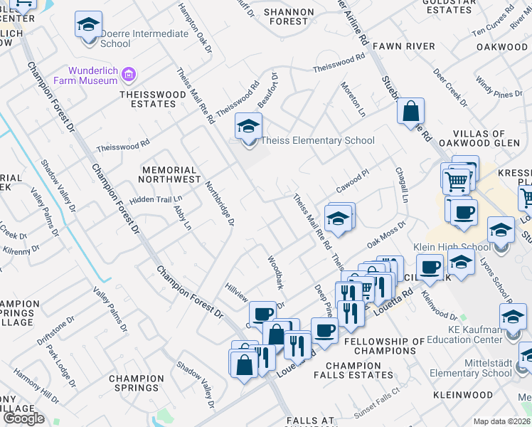 map of restaurants, bars, coffee shops, grocery stores, and more near 8106 Cedar Brush Circle in Spring