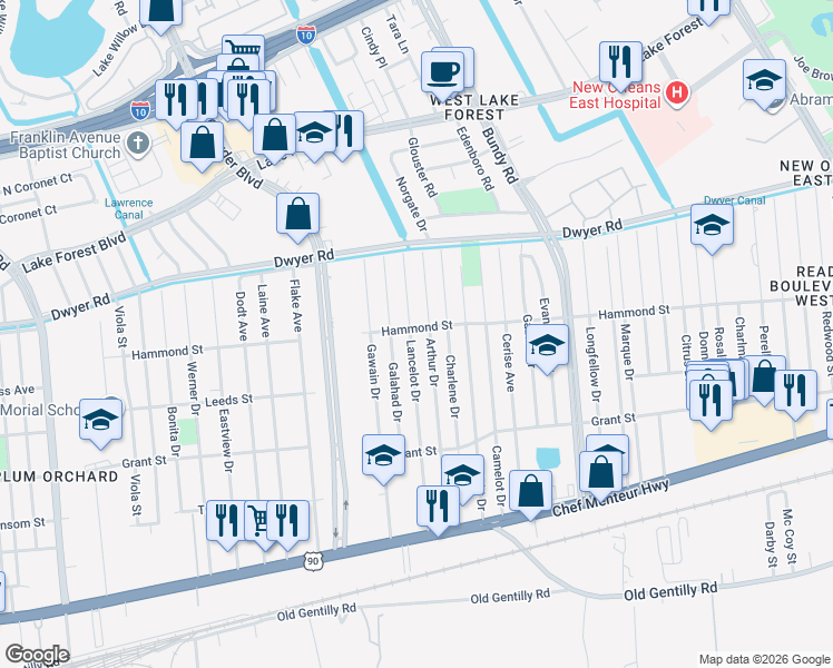 map of restaurants, bars, coffee shops, grocery stores, and more near 4759 Lancelot Drive in New Orleans