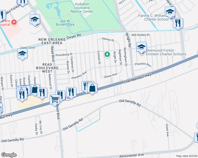map of restaurants, bars, coffee shops, grocery stores, and more near 10709 Chef Menteur Highway in New Orleans