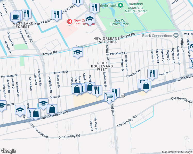 map of restaurants, bars, coffee shops, grocery stores, and more near 4658 Sandalwood Street in New Orleans