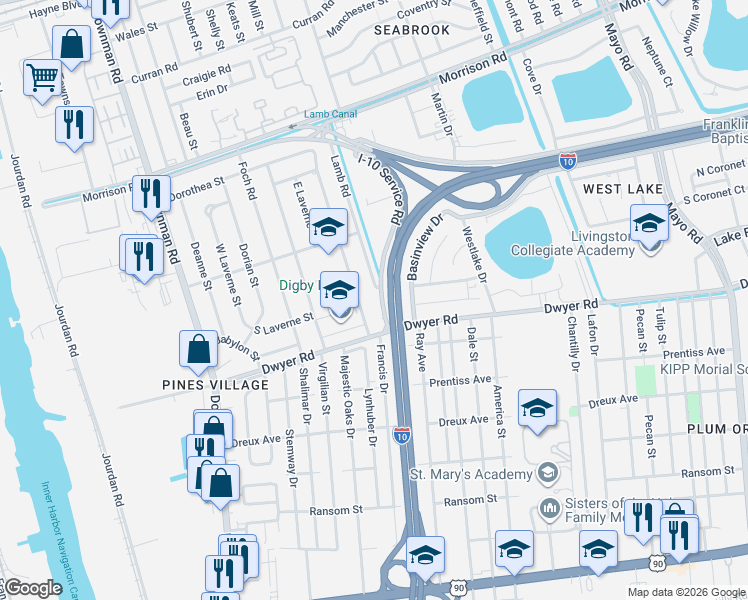 map of restaurants, bars, coffee shops, grocery stores, and more near 6527 East Hermes Street in New Orleans