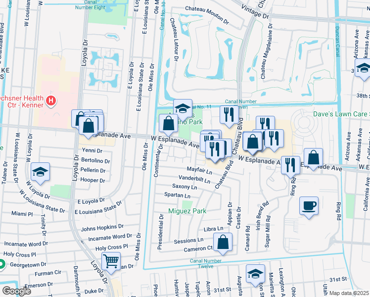 map of restaurants, bars, coffee shops, grocery stores, and more near 165 Avant Garde Circle in Kenner