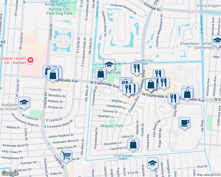 map of restaurants, bars, coffee shops, grocery stores, and more near 165 Avant Garde Circle in Kenner