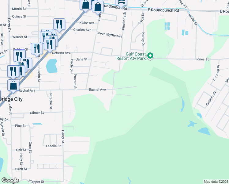 map of restaurants, bars, coffee shops, grocery stores, and more near 605 Blueberry Street in Bridge City