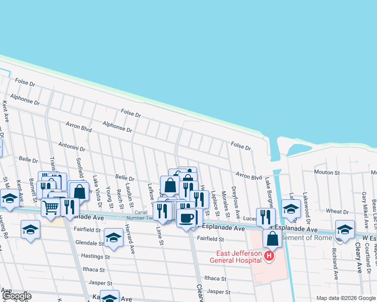 map of restaurants, bars, coffee shops, grocery stores, and more near 4529 Avron Boulevard in Metairie
