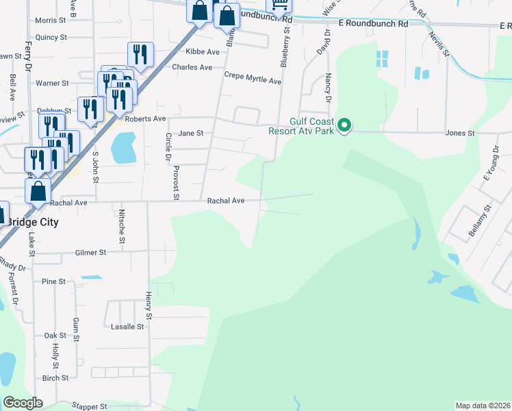 map of restaurants, bars, coffee shops, grocery stores, and more near 605 Blueberry Street in Bridge City