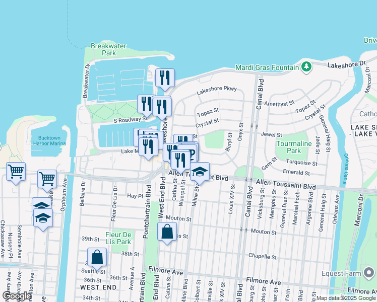 map of restaurants, bars, coffee shops, grocery stores, and more near 309 Opal Street in New Orleans