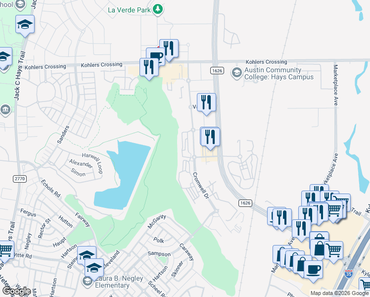 map of restaurants, bars, coffee shops, grocery stores, and more near 4624 Cromwell Drive in Kyle