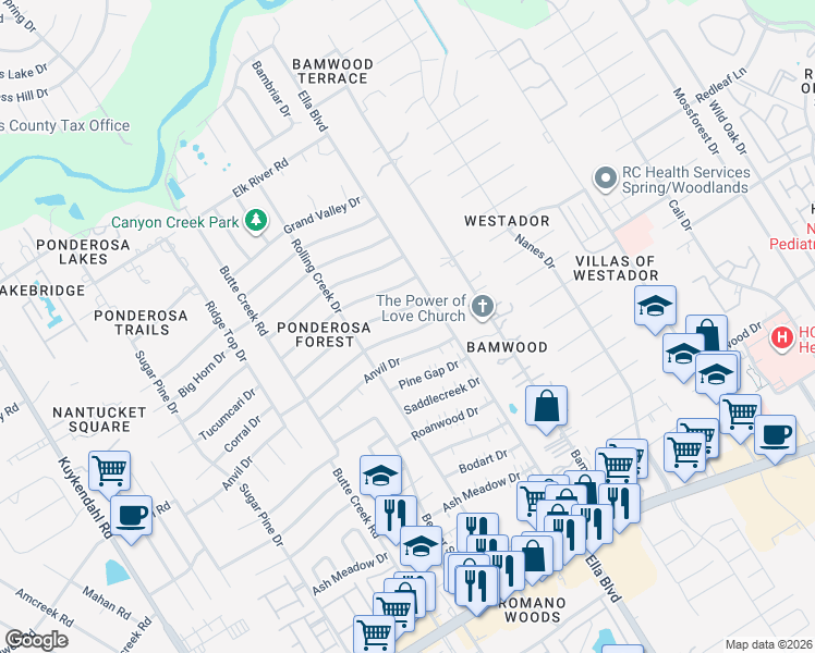 map of restaurants, bars, coffee shops, grocery stores, and more near 1422 Corral Drive in Houston